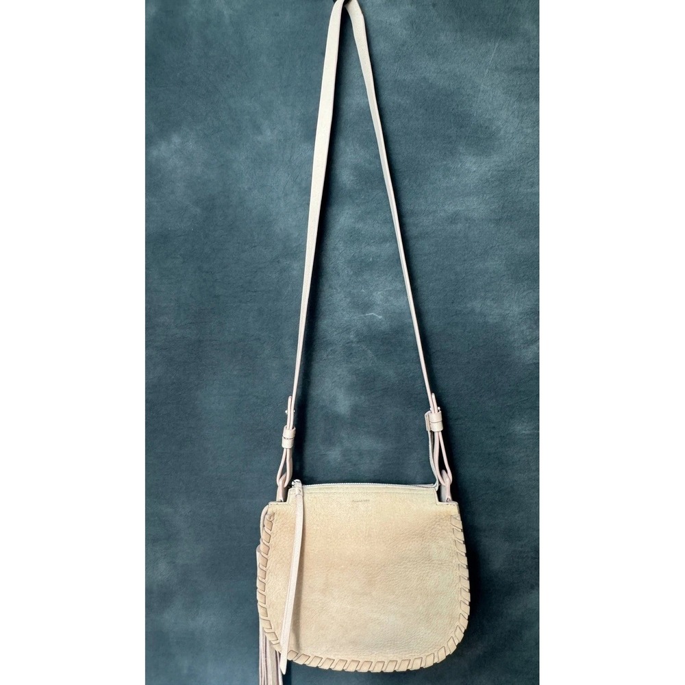 AllSaints Leather Suede Crossbody Bag Beige Tan Tassel Fringe Festival Boho Fall